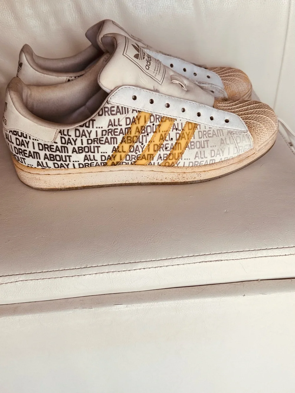 Adidas Men’s White & Gold Shell-Toe Sneakers, special Edition, All day I dream a